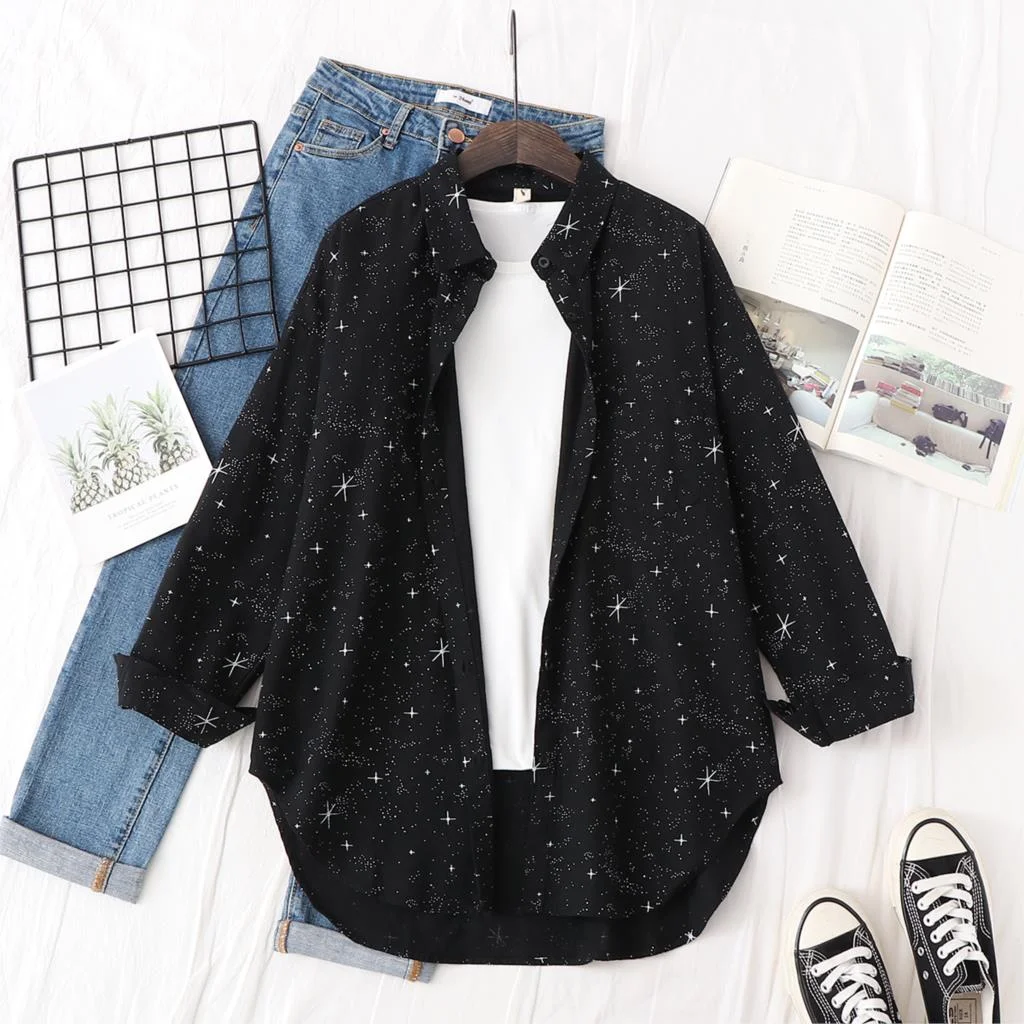 Fine Women's Star Printed Long Sleeve Shirts and Tops 2021 Autumn New Lady Casual Loose Shirts Black White Blouse Ladies Clothes