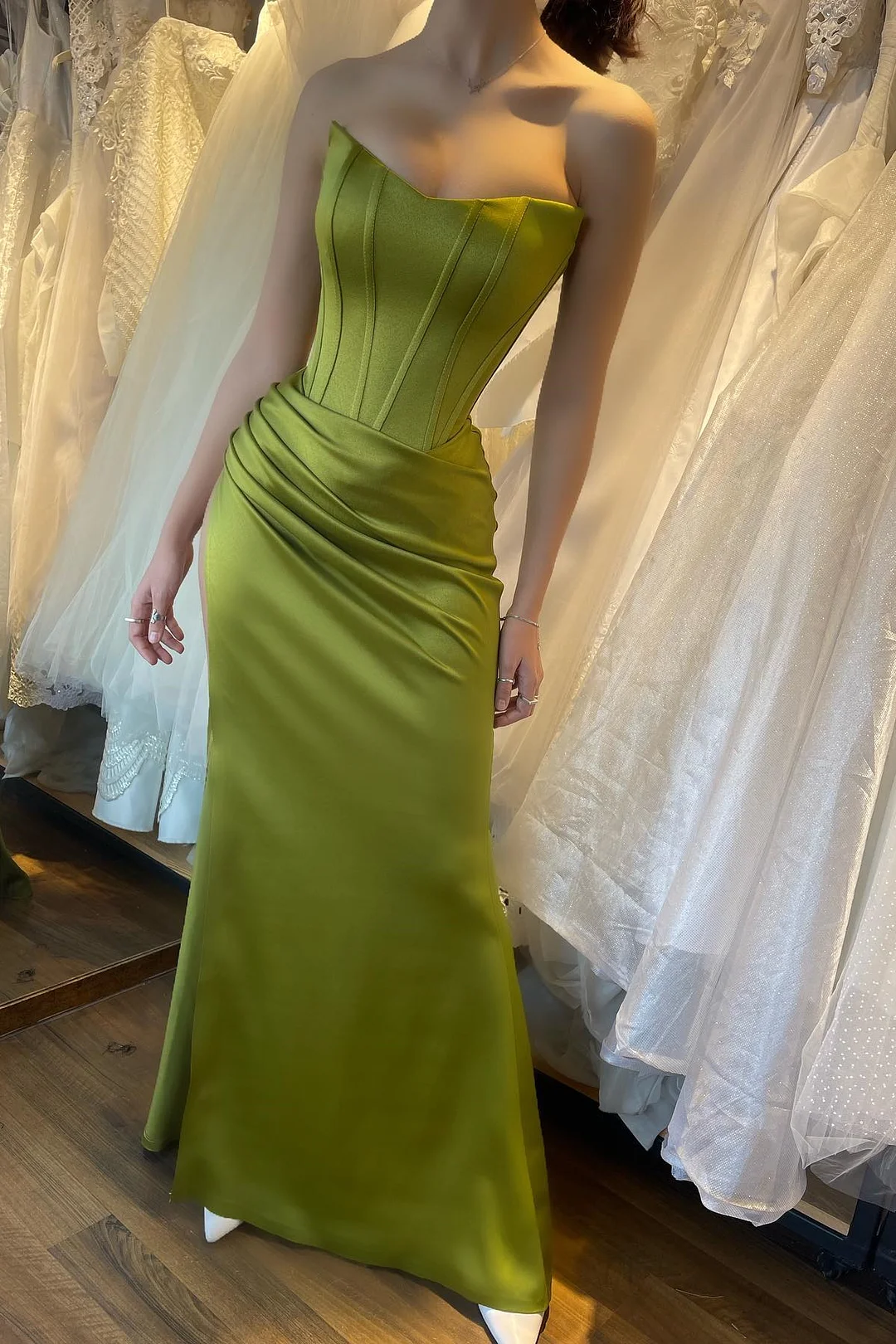 Bellasprom Olive Green V-Neck Sleeveless Mermaid Prom Dress Pleats With Split