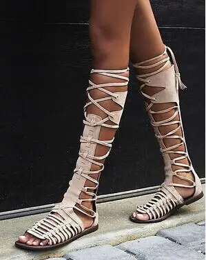 VCSHOES Women Flat Gladiator Knee High Boots Suede Leather Sandal Boots Bohemia Ladies Boots