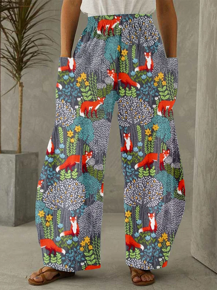 Fox in the Forest Pattern Vintage Wide Leg Casual Pants