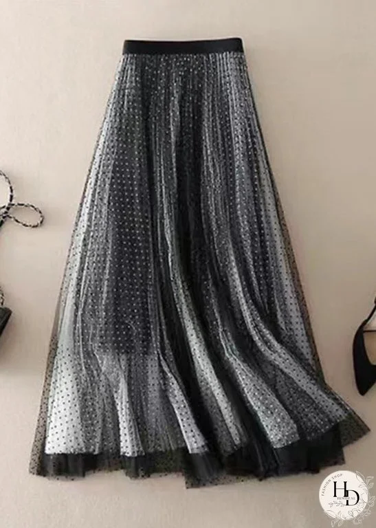 Stylish Black Dot Print Wrinkled Tulle Skirt Summer