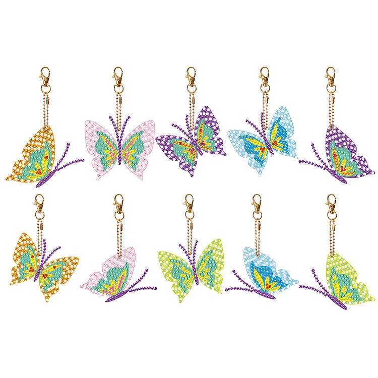 10 Pcs Double Side Butterfly Diamond Art Keyring Animal Pendant for Office Decor