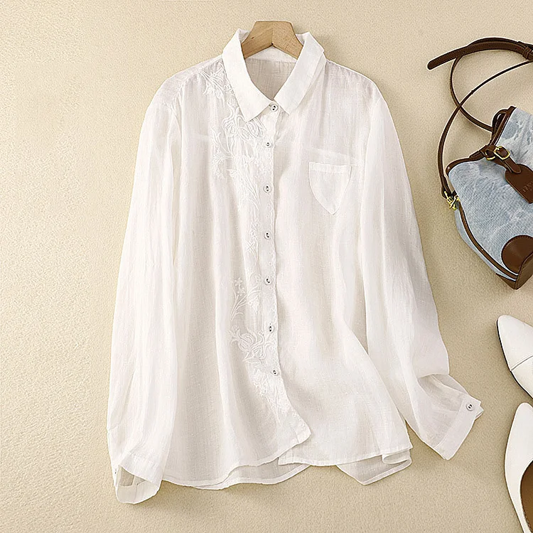 Women's Exquisite Embroidery Solid Color Long -sleeved Shirt