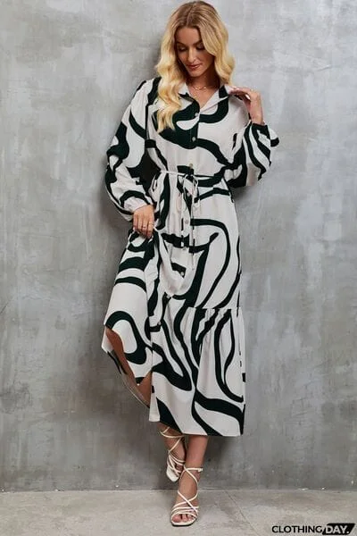 Tie-Waist Printed Button Up Dress