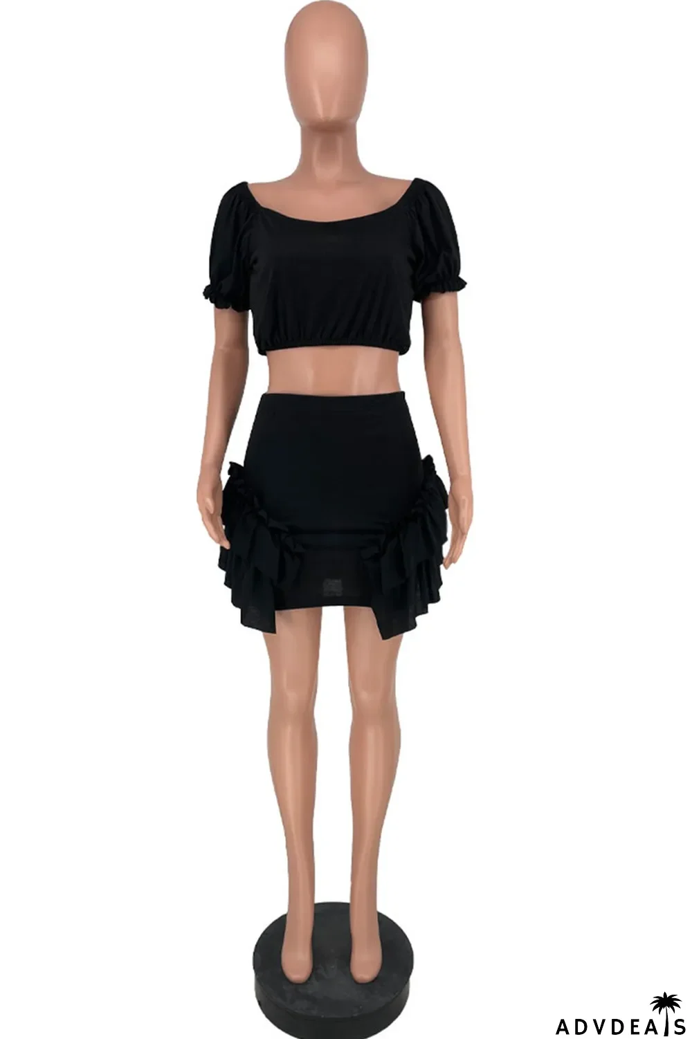 Black Sexy Patchwork Stringy Selvedge Off the Shoulder Short Sleeve Two Pieces