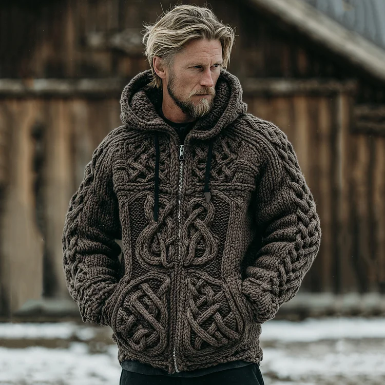 Men's Vintage Celtic Knot Jacquard Zipper Aran Sweater