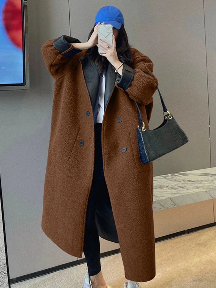Casual Loose Contrast Color Notched Wool Blends Double Breasted Long Sleeve Coat