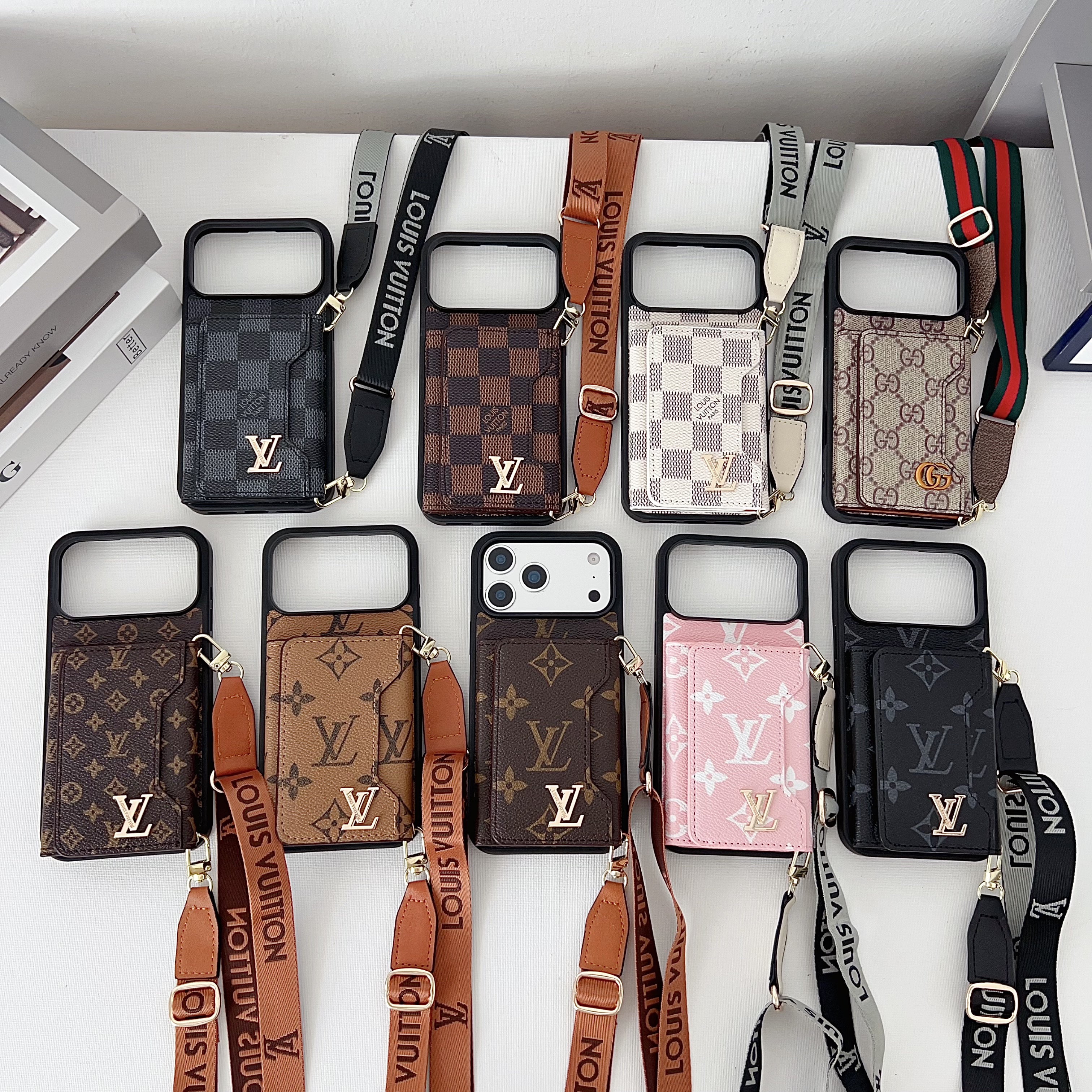Louis Vuitton & Gucci Designer Monogram Crossbody Wallet Phone Case with Detachable Woven Lanyard Strap