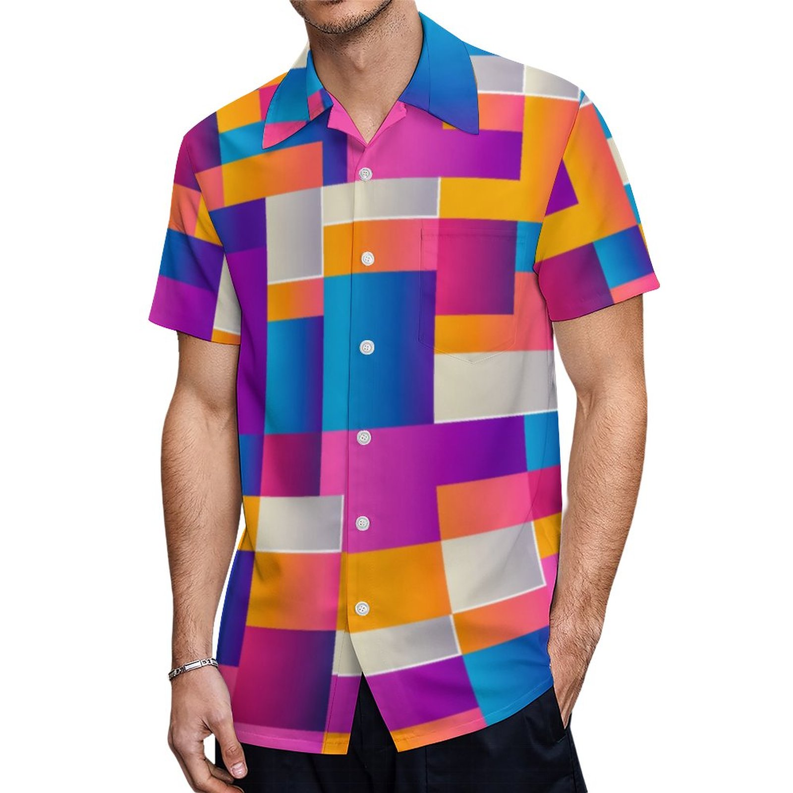 Vintage Geometric Shapes Tiles Squares Pattern Hawaiian Shirt Mens Button Down Tropical Hawaii Beach Shirts