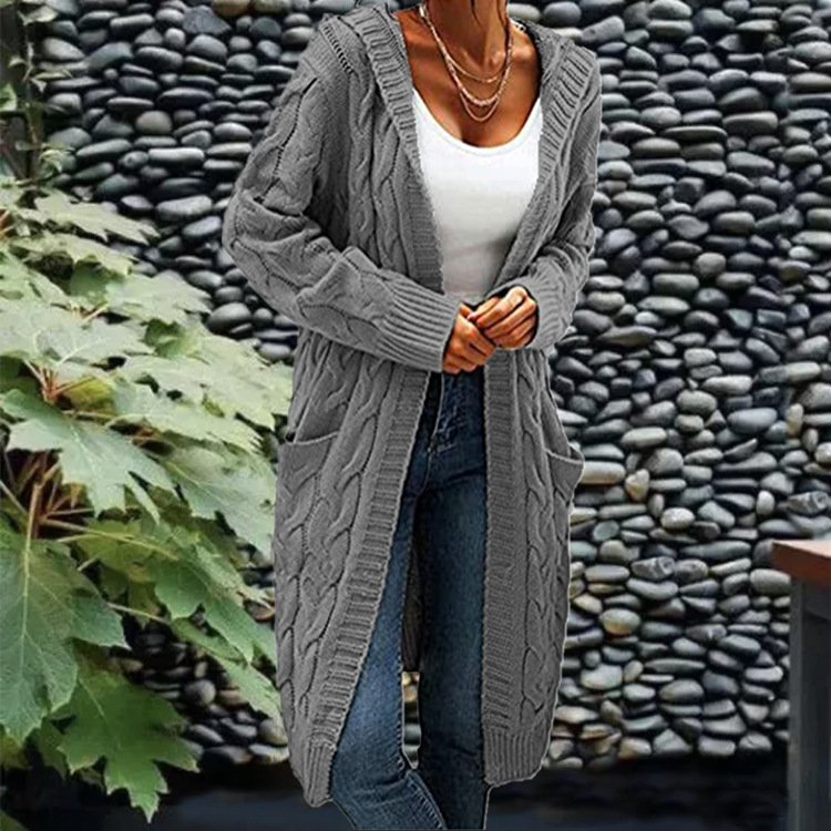  thdmladies Solid Cable-knit Chunky Knit Hooded Casual Cardigan thedmladies