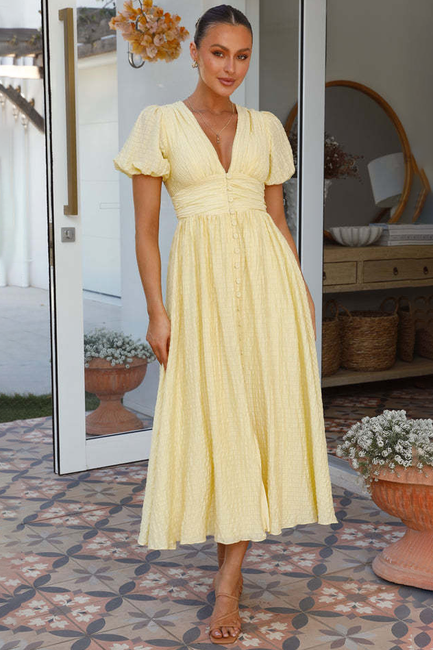 Deep V Neck Puff Sleeve A-Line Front Button Midi Dresses-Yellow