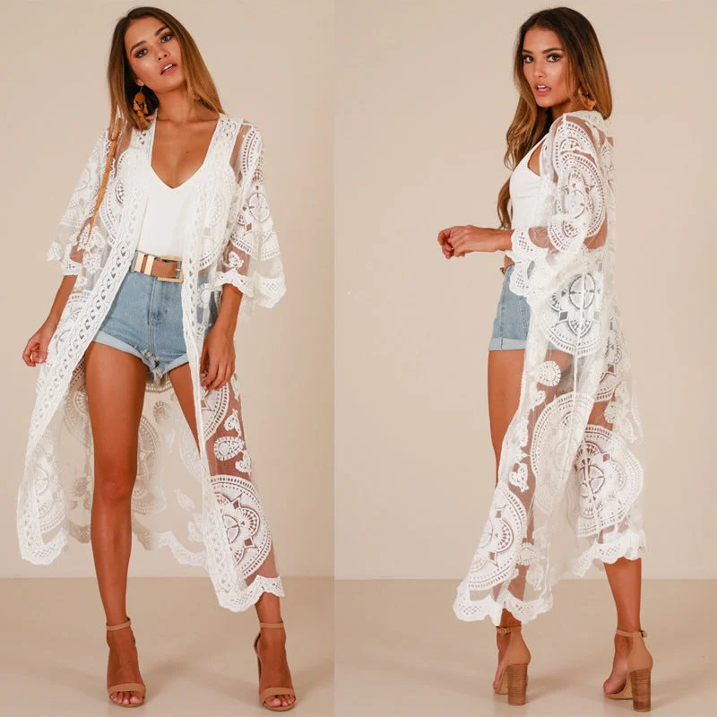 Brownm Loose Embroidered Embroidery Lace Bikini Gauzy Cardigan Beach Mid-length Shirt