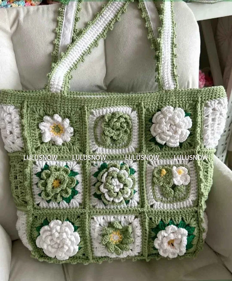 Lulusnow Handmade Green 3D Flower Granny Square Crochet Tote Bag Shoulder Bag 