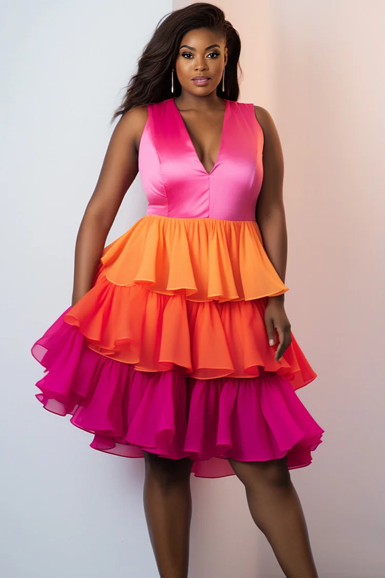 Xpluswear Design Plus Size Semi Formal Chiffon Multicolor V Neck Sundress Ruffle Tiered Satin Mini Dresses [Pre-Order] 2024 - Xpluswear