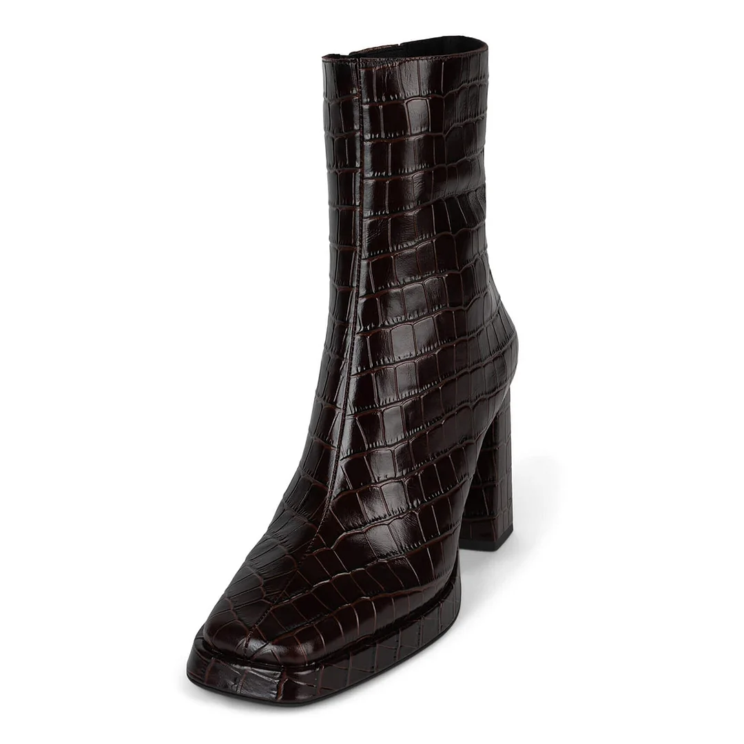 Black Patent Leather Croc-Embossed Block Heel Ankle Boots   
