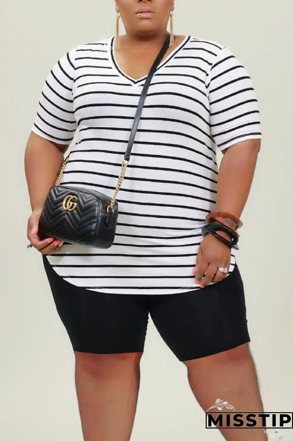 White Casual Striped Print Patchwork V Neck Plus Size Two Pieces