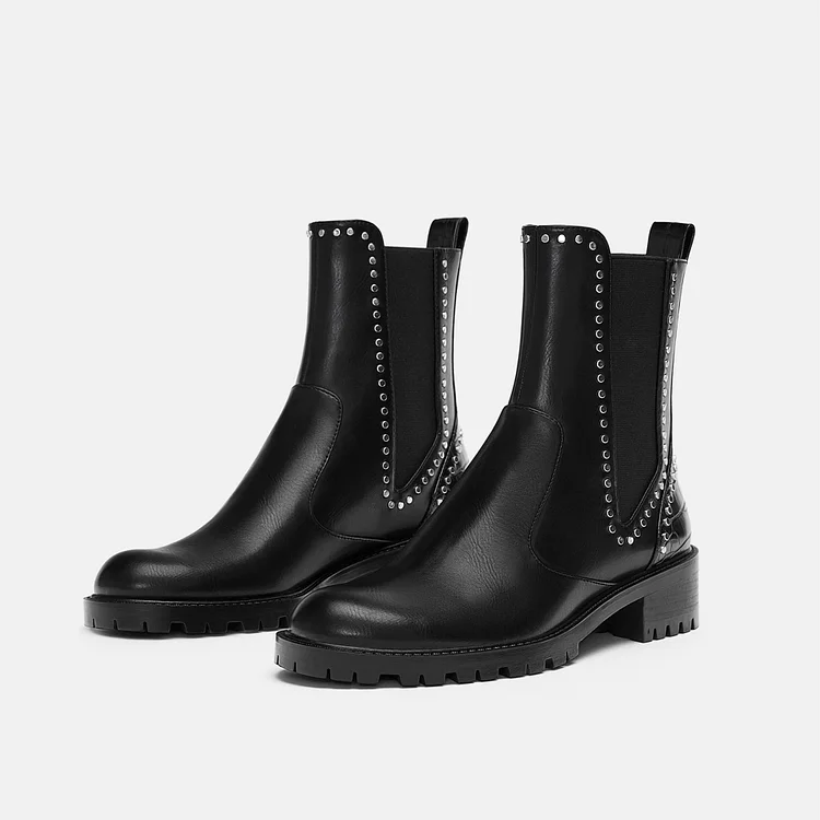 Black Vegan Leather Chelsea Boots Round Toe Studs Ankle Boots |FSJ Shoes