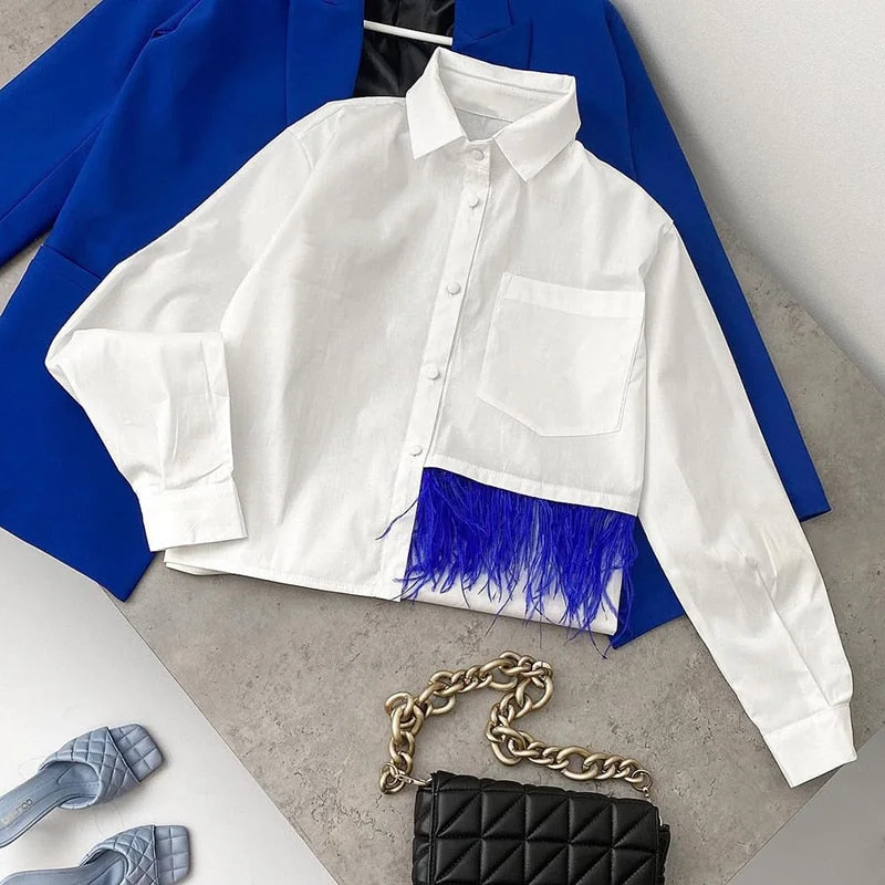 Back to school  Casual Long Sleeve Feather Patchwork White Shirt Women Spring Button Up Lapel Chic Blouse Streetwear Simple Crop Top Oversized