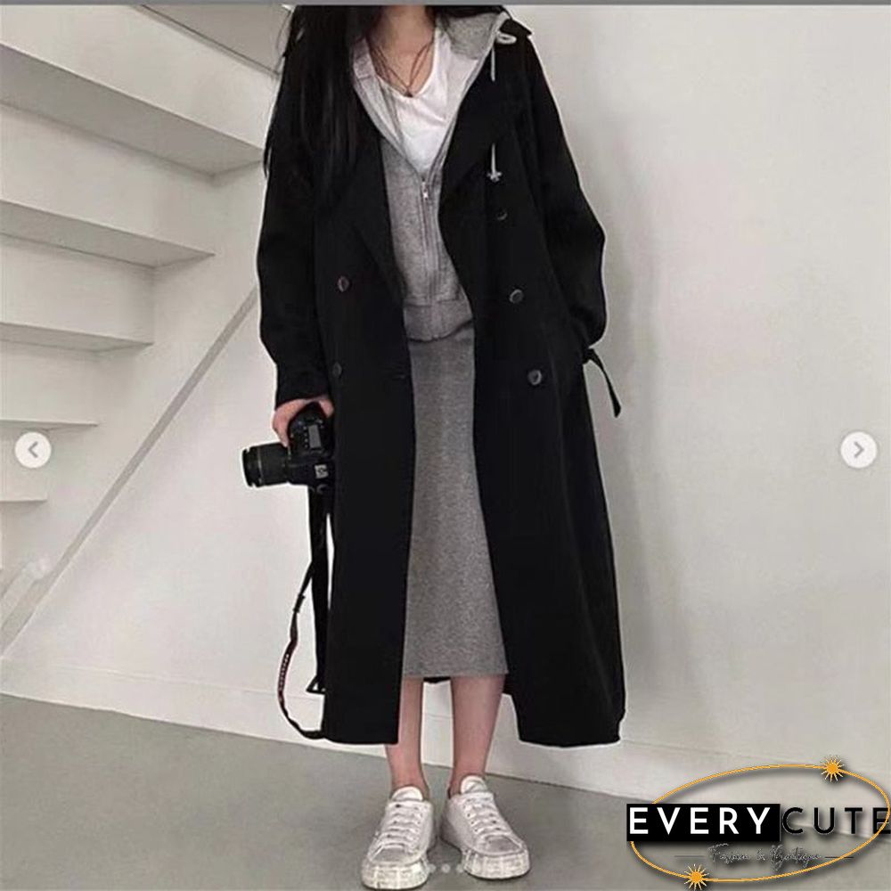 Woman Windbreaker Coat Black Retro British Style Spring Medium Long Korean Preppy Style Fashion Loose Women Oversize Coat