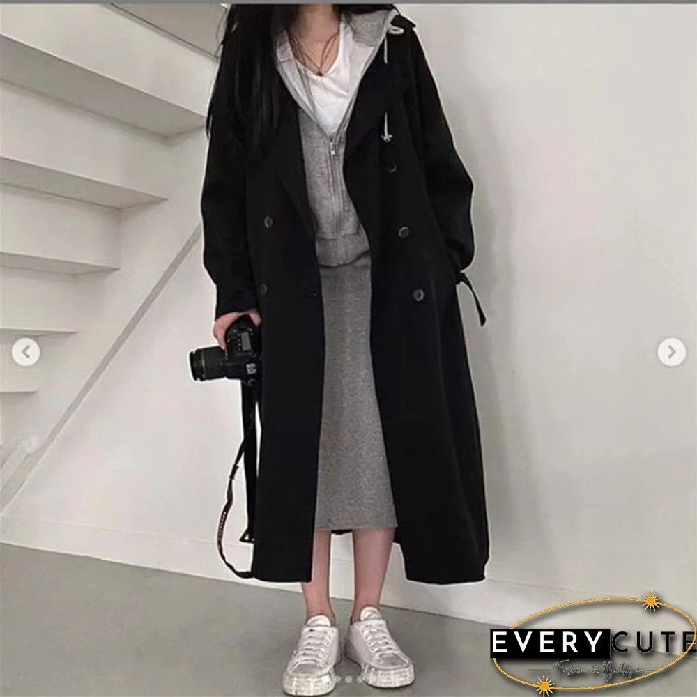 Woman Windbreaker Coat Black Retro British Style Spring Medium Long Korean Preppy Style Fashion Loose Women Oversize Coat