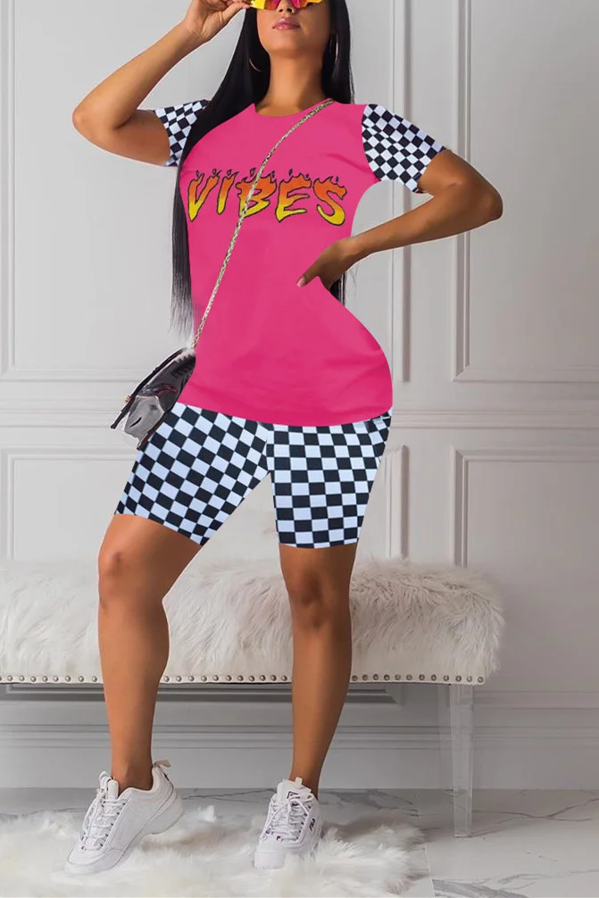 Pink Fashion Sexy Patchwork Print Straight Short Sleeve | EGEMISS