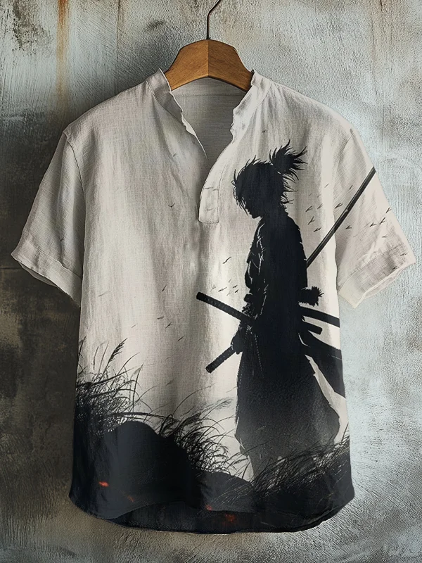 Men's Japanese Samurai Ink Art Print Casual V Neck T-Shirt