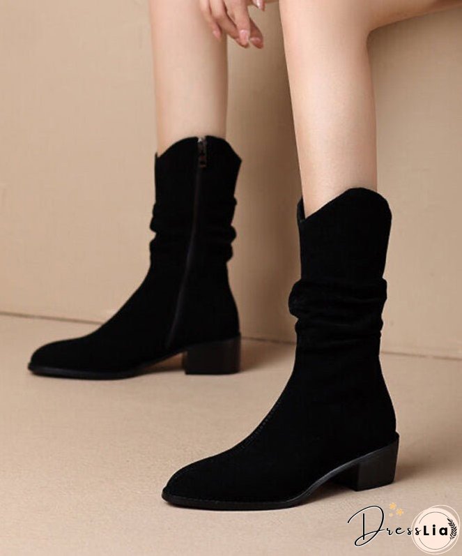Women Khaki Suede Splicing Chunky Boots