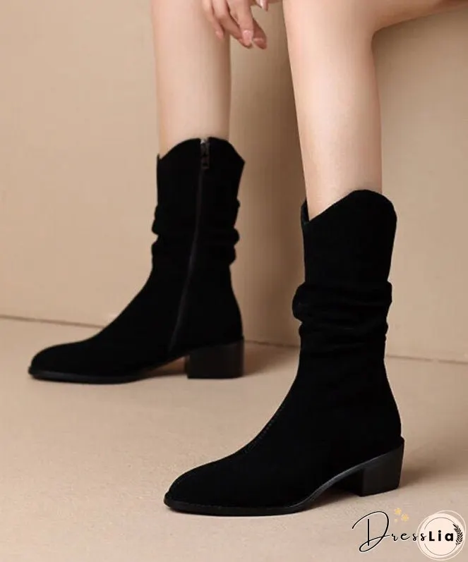 Women Khaki Suede Splicing Chunky Boots