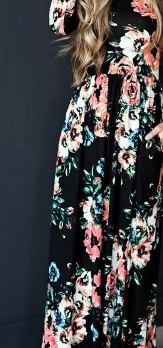 Uveng Summer Round Neck Flowers Print Long Sleeve Dress