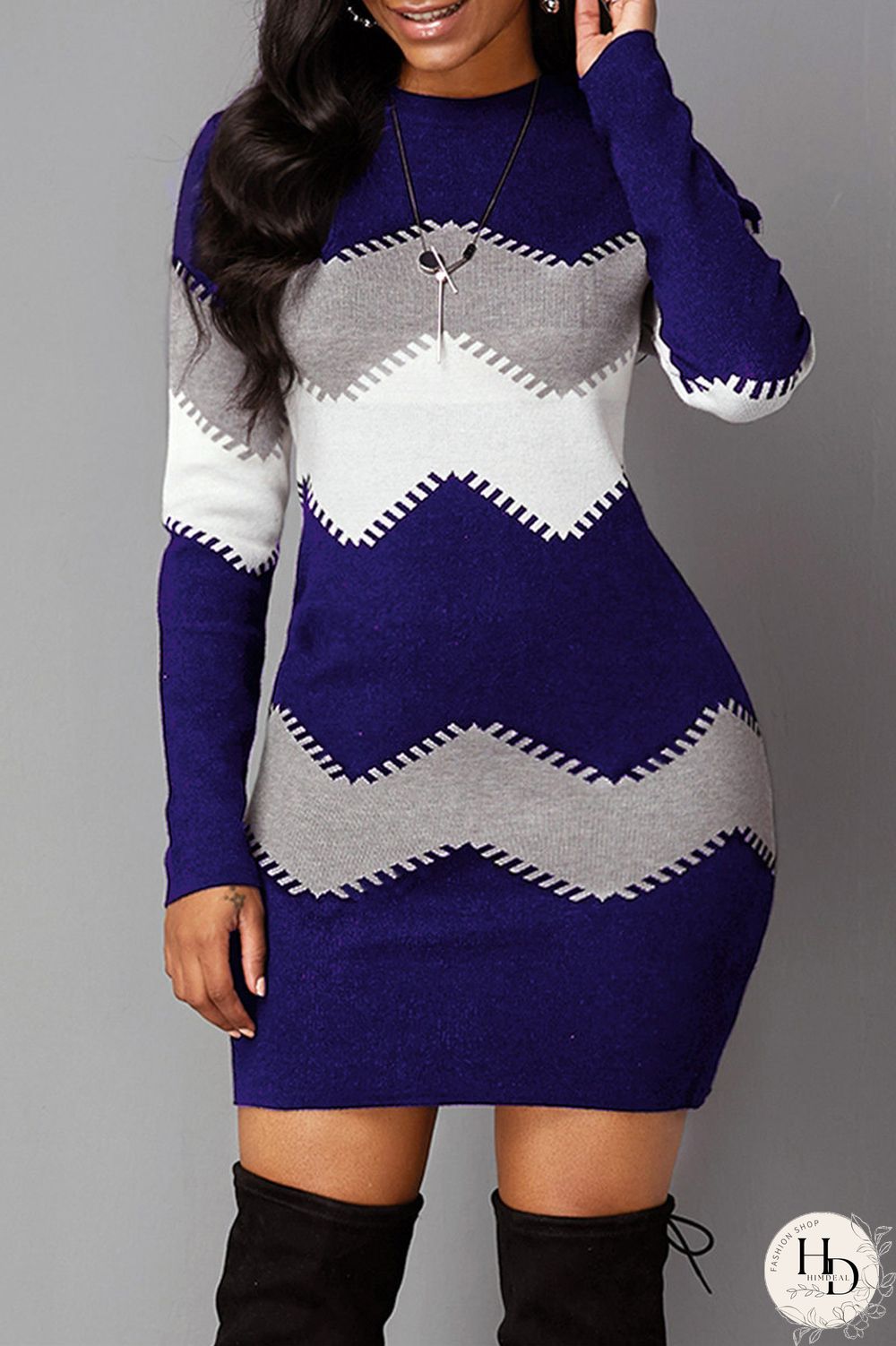 Blue Casual Print Patchwork O Neck Long Sleeve Dresses