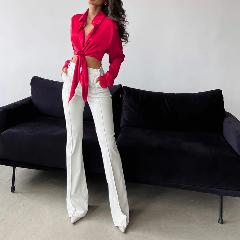 Woherb Woherb Spot 2024 New Fashion Temperament Lapel Long Sleeve Leakage Umbilical Shirt Short Female Jacket-Outfit Ideas