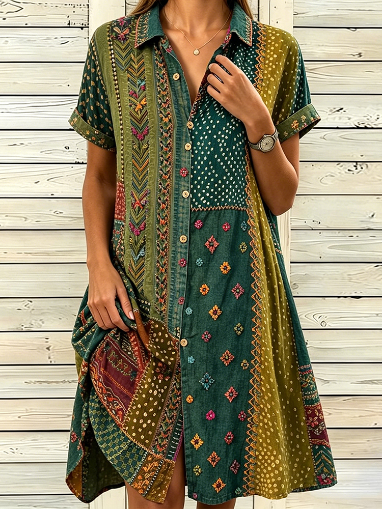 Comstylish Vintage Boho Inspired Patchwork Art Linen Shirt Dress