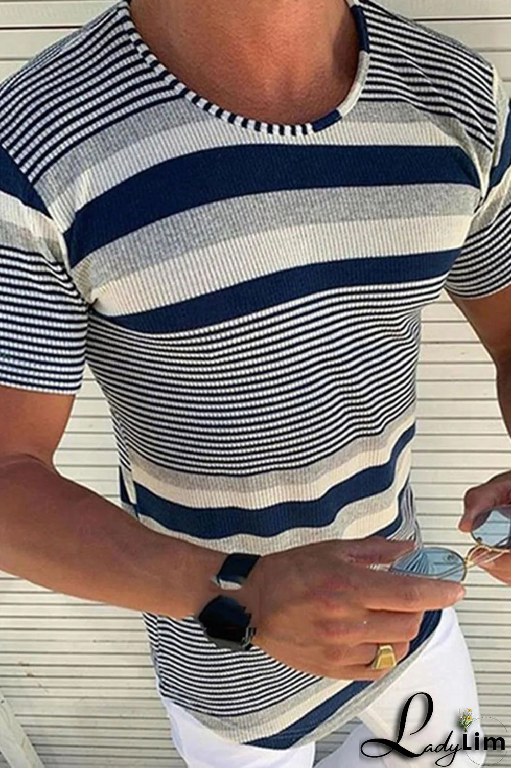 Deep Blue Fashion Street Striped Patchwork O Neck Tops