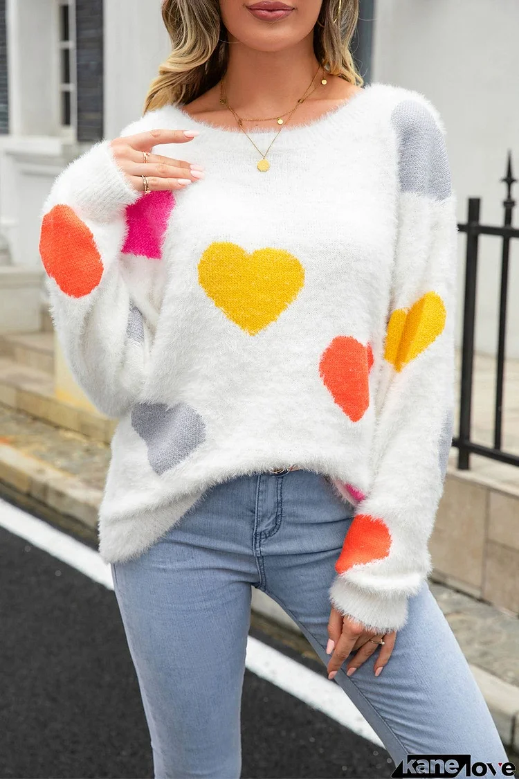 Heart Pattern Round Neck Long Sleeve Sweater