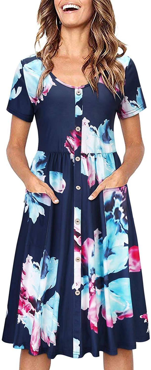 Women's Long Sleeve V Neck Button Down Skater Dress with Pockets