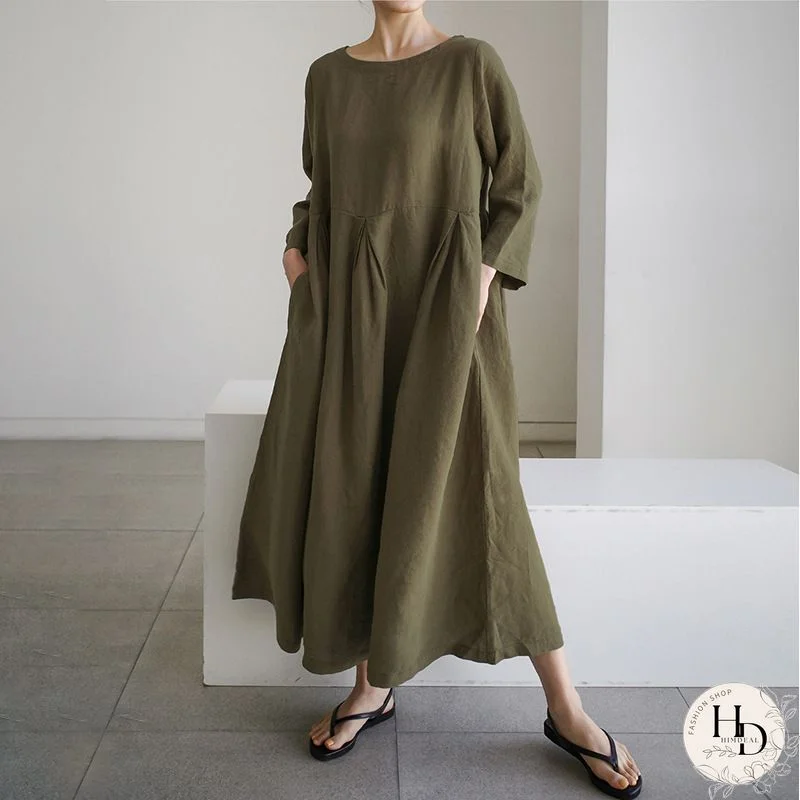 Vintage Plain Plus Size Long Sleeve Casual Weaving Dress