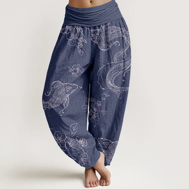 Cotton Exquisite Koi Fish Flowers Patterns Women's Elastic Waist Harem Pants