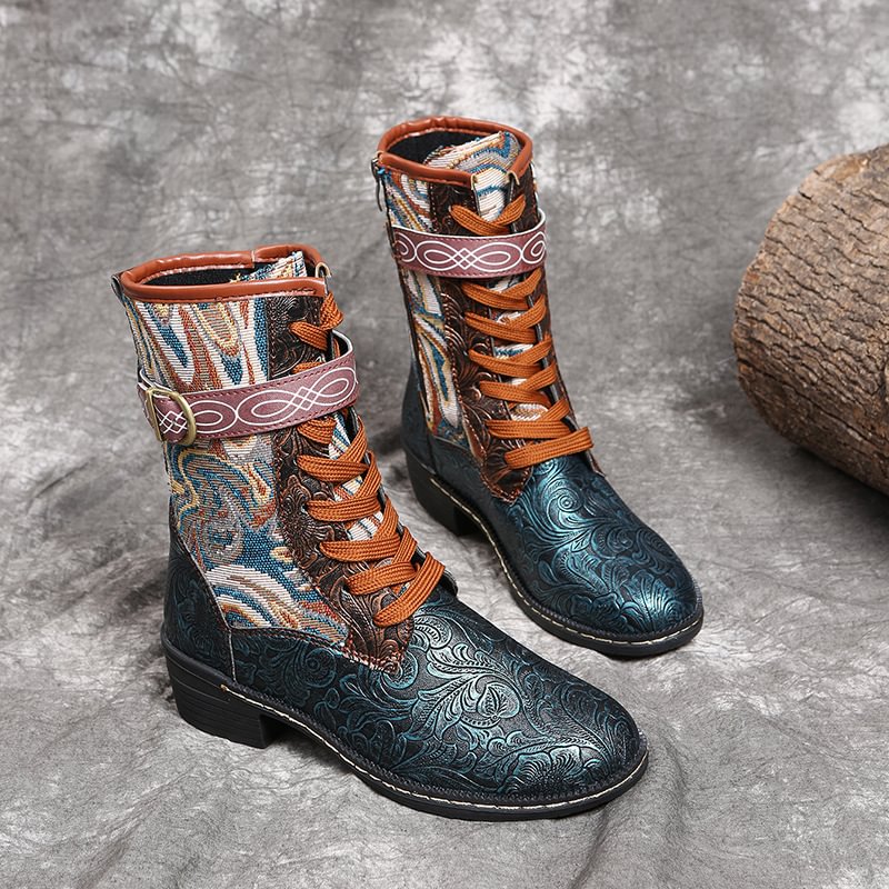 Bohemian ethnic print lace-up Martin boots