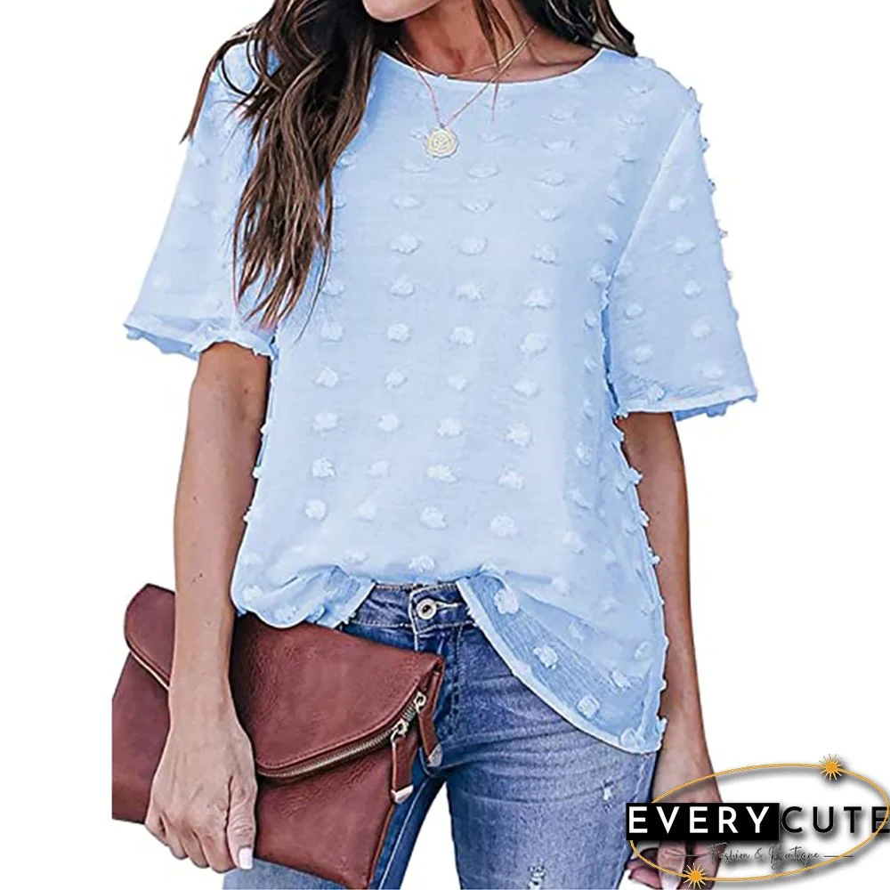 Light Blue Swiss Dot Texture Short Sleeve Top