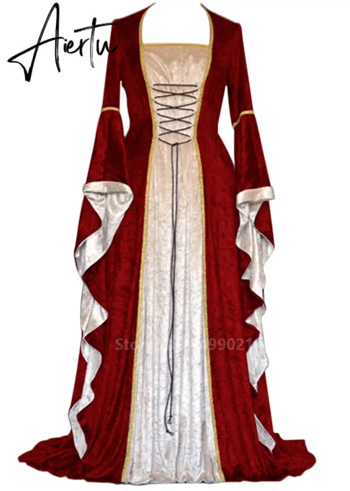 Halloween Women European Medieval Retro Court Princress Cosplay Costume Long Dress Elegant Witch Square Collar Masquerade Wear Aiertu