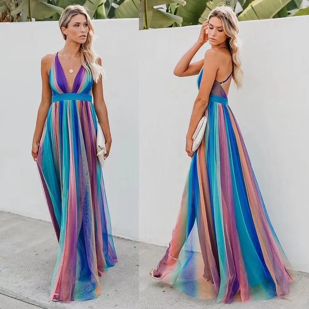 Brownm Brownm New Women's New Slings Sexy Deep V Rainbow Chiffon Suede Dress