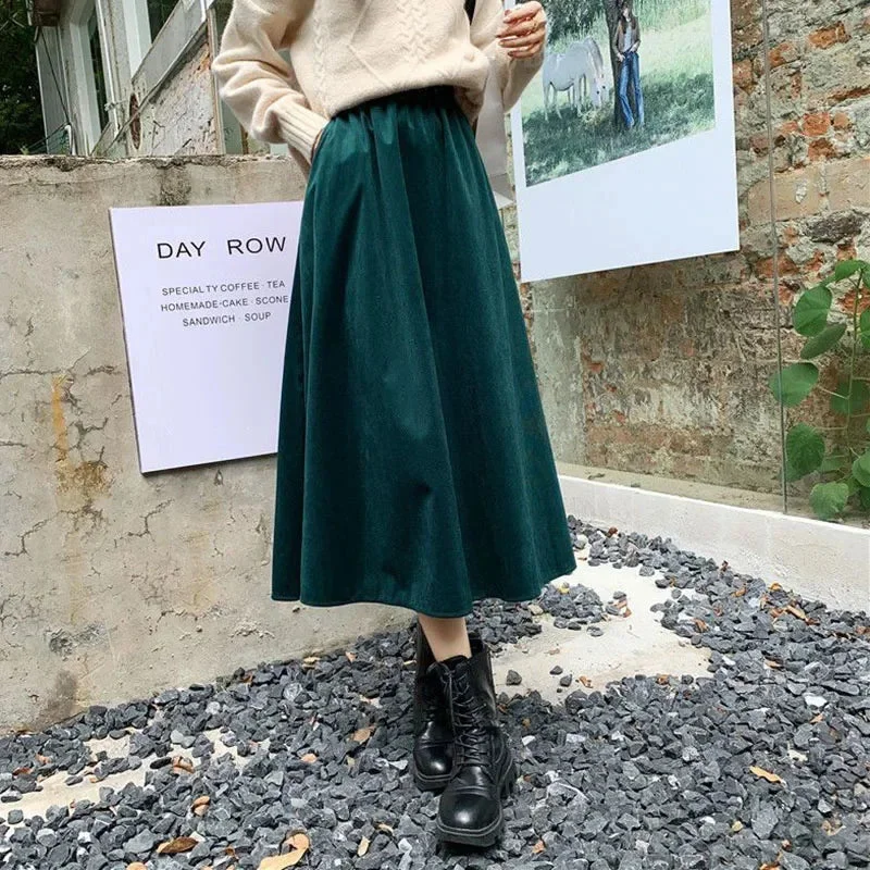 Tlbang Quality Corduroy Long Skirt Women Autumn Winter Thicken High Waist Midi Skirts Woman Elegant Pockets A-Line Skirts