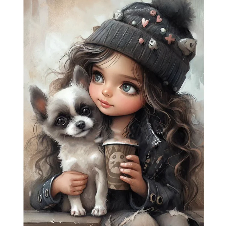 Full Round Diamond Painting - Girl Drinking Coffee With Puppy 40*50CM