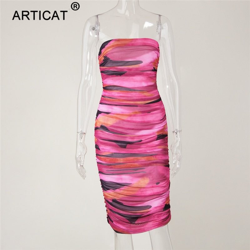 Articat Strapless Print Ruched Dress For Women Sexy Sleeveless Mini Dresses Ladies Streetwear Backless Elasitc Mesh Vestidos