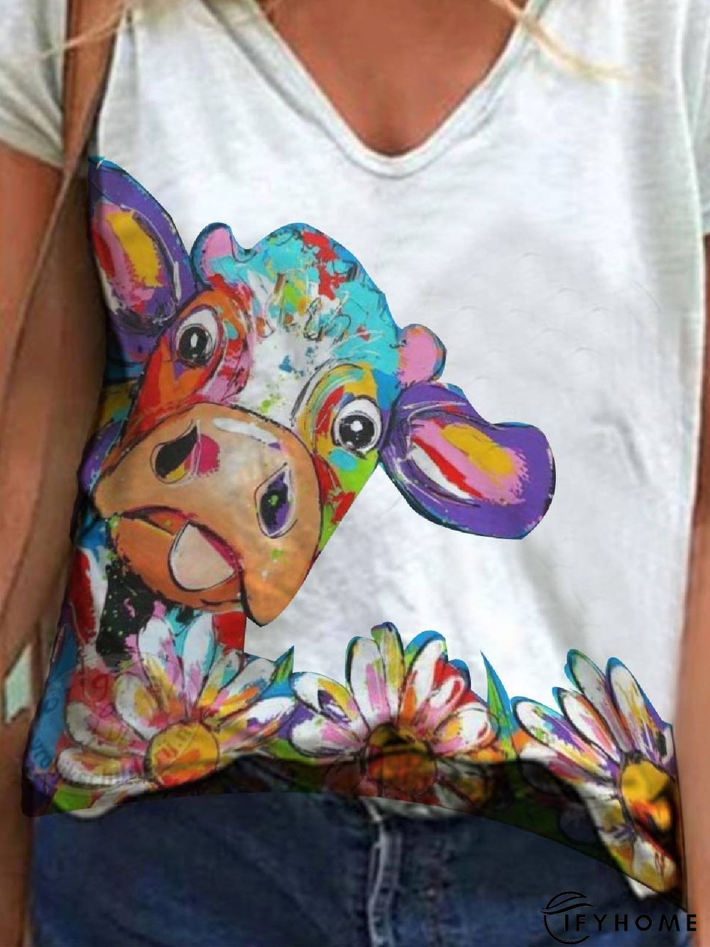 White Short Sleeve Floral-Print Cotton-Blend T-shirt | IFYHOME