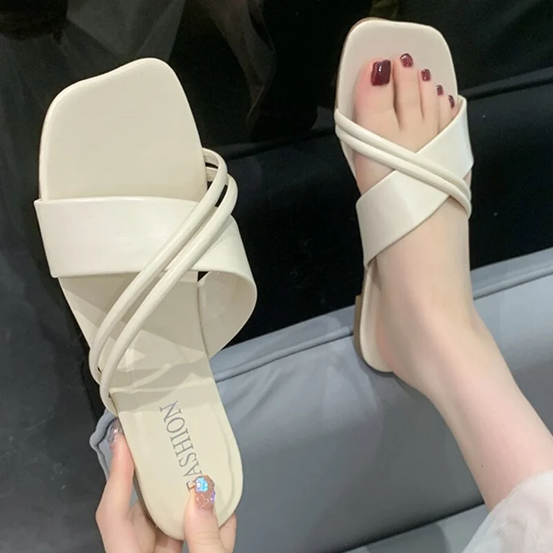 New Women Slippers Cross Strap  Flat Slides Bottom Non-slip Outdoor Beach Sexy Female Sandals Solid Color Fashion Woman Shoes