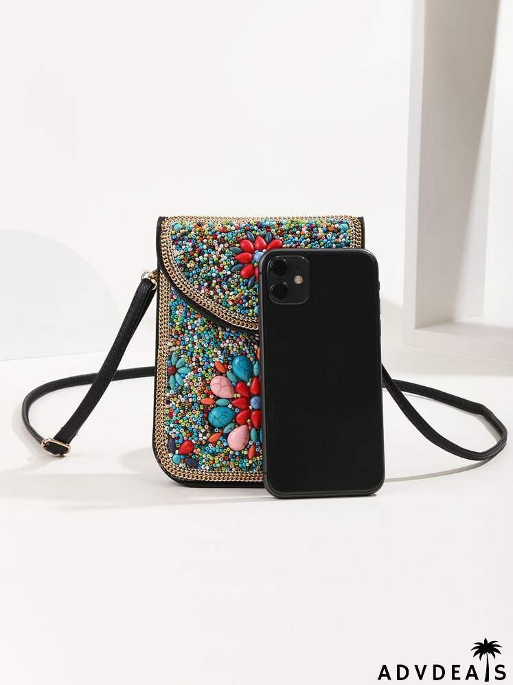 Colorblock Contrast Binding Beaded Decor Flap Square Bag