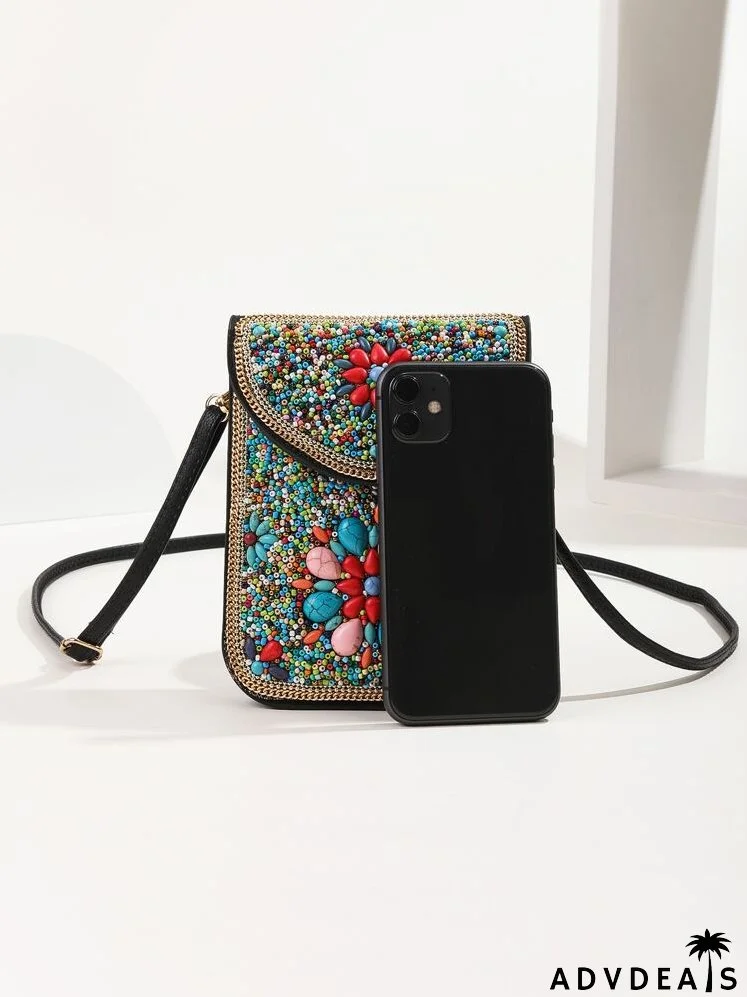 Colorblock Contrast Binding Beaded Decor Flap Square Bag