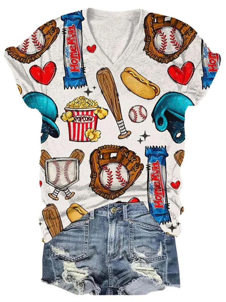 Vintage Baseball & Snacks Print T-shirt
