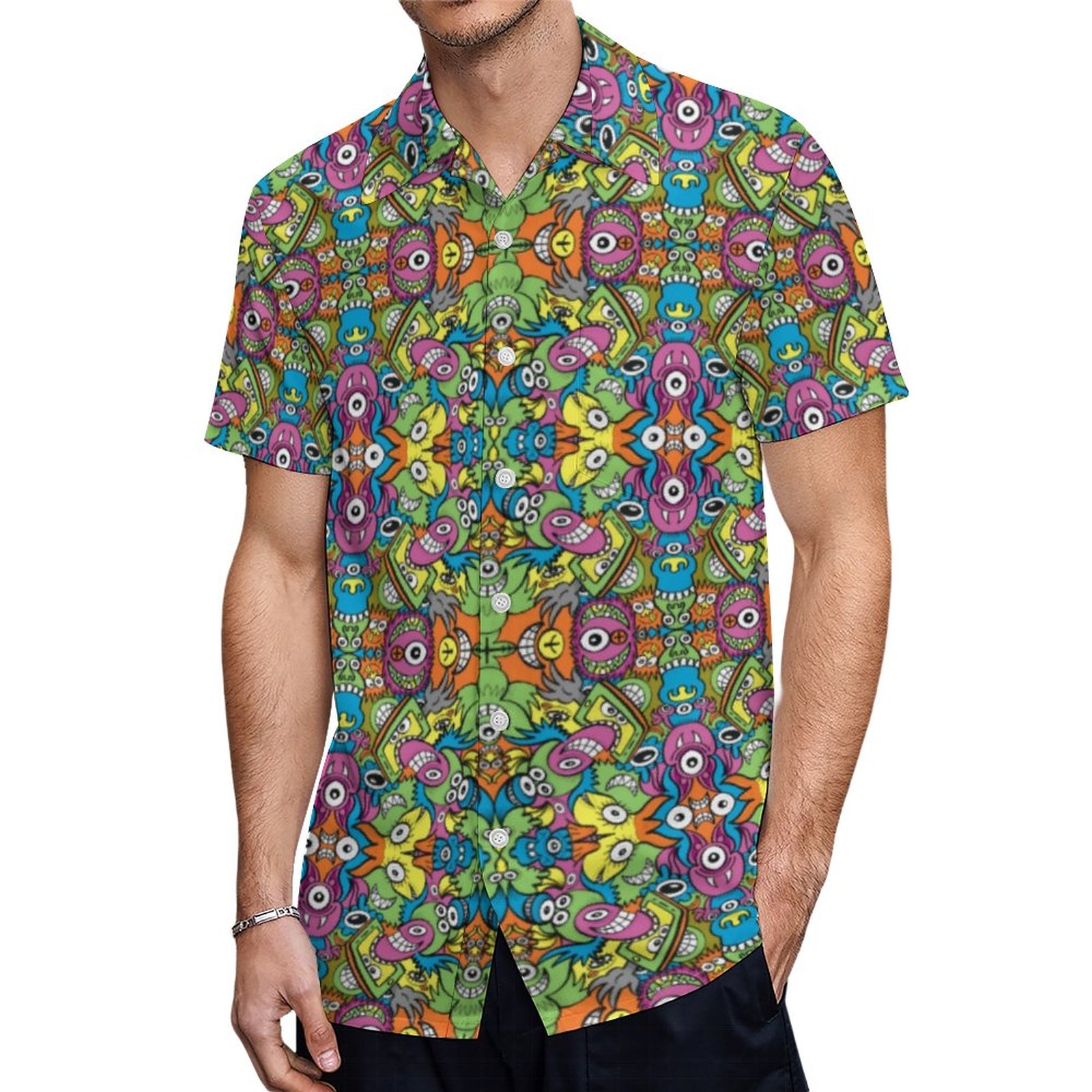 Odd Smiling Critters In A Whimsical Pattern Design Hawaiian Shirt Mens Button Down Tropical Hawaii Beach Shirts